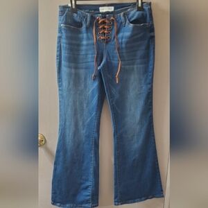 Almost Famous Denim Flare Jeans with Lace-Up Front. Sz 9